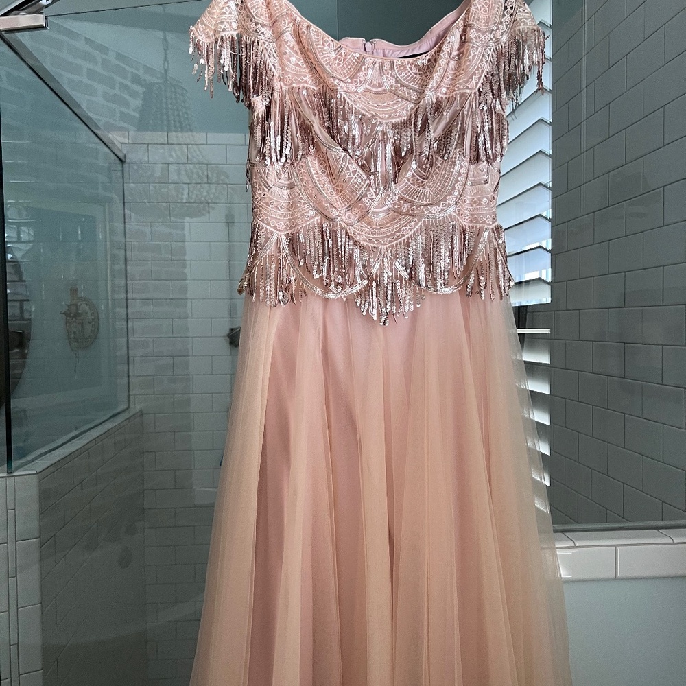 Tadashi Shoji size 8 blush long dress with matching shoes.